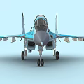 Blue And White Camouflage Fighter Jet With Cockpit Red Star Markings And Landing Gear