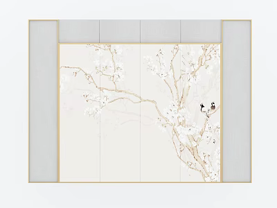 Chinese Style Sofa Background Wall With Plum Blossom Pattern Golden Frame And Birds 3d model