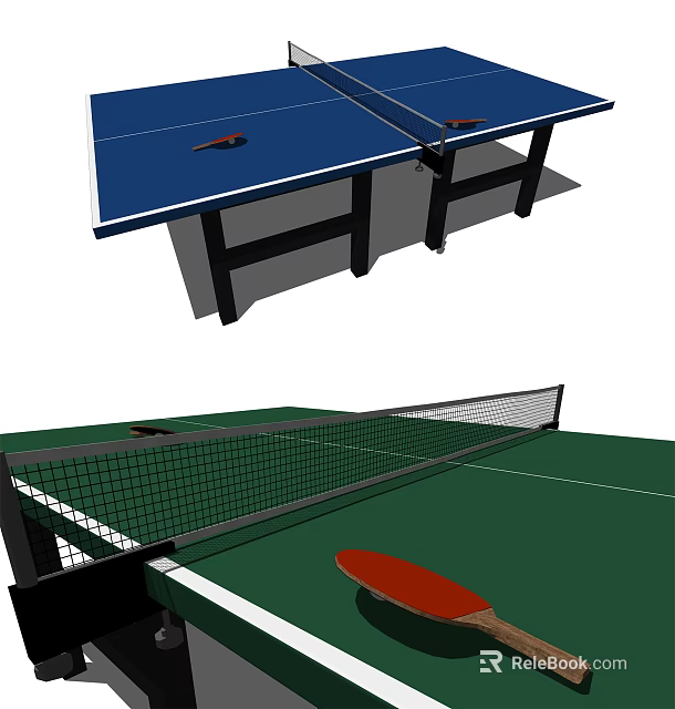 Blue And Green Table Tennis Tables With Paddles And Net Sports Equipment 3d model 