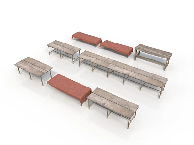 Display of Multiple Wooden Tables and Red Benches with Metal Frames 3d model
