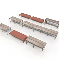 Display of Multiple Wooden Tables and Red Benches with Metal Frames