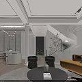 Modern Bright Living And Dining Room With Stylish Curved Sofa And Large Landscape Window