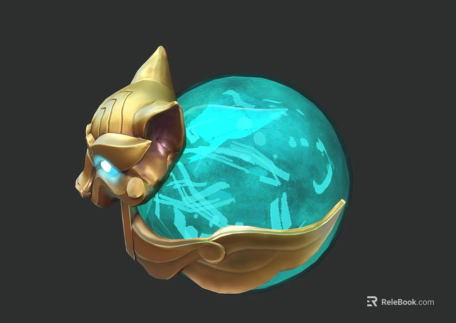 Golden Feline Head Ornament With Blue Transparent Sphere And White Patterns 3d model 