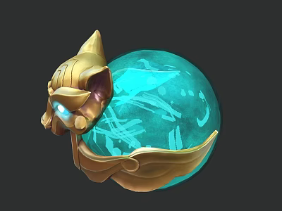 Golden Feline Head Ornament With Blue Transparent Sphere And White Patterns 3d model