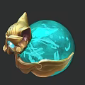 Golden Feline Head Ornament With Blue Transparent Sphere And White Patterns