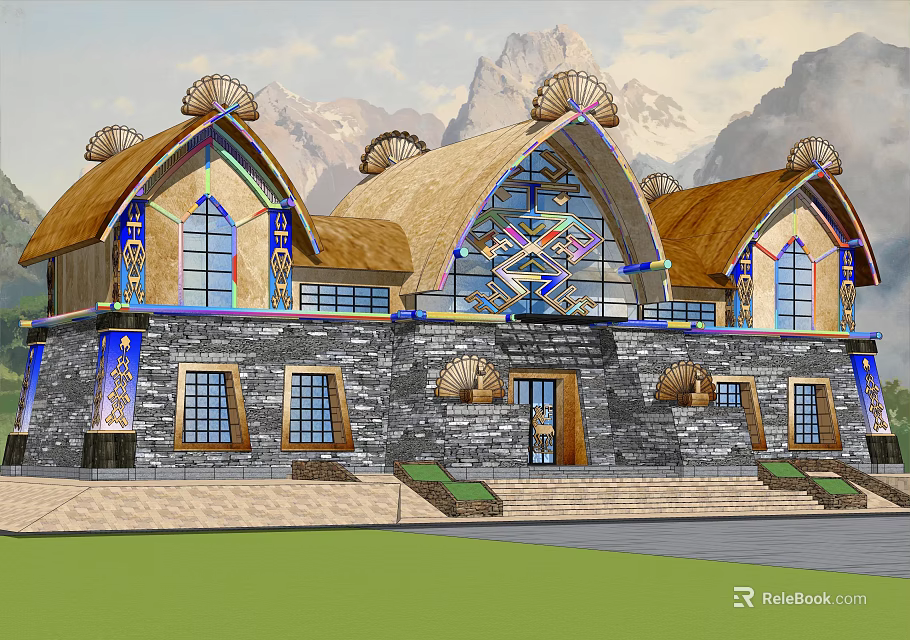Traditional Guesthouse Architecture With Thatched Roofs Arched Windows Stone Walls And Mountain Views 3d model 