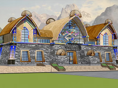 Traditional Guesthouse Architecture With Thatched Roofs Arched Windows Stone Walls And Mountain Views 3d model