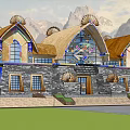 Traditional Guesthouse Architecture With Thatched Roofs Arched Windows Stone Walls And Mountain Views