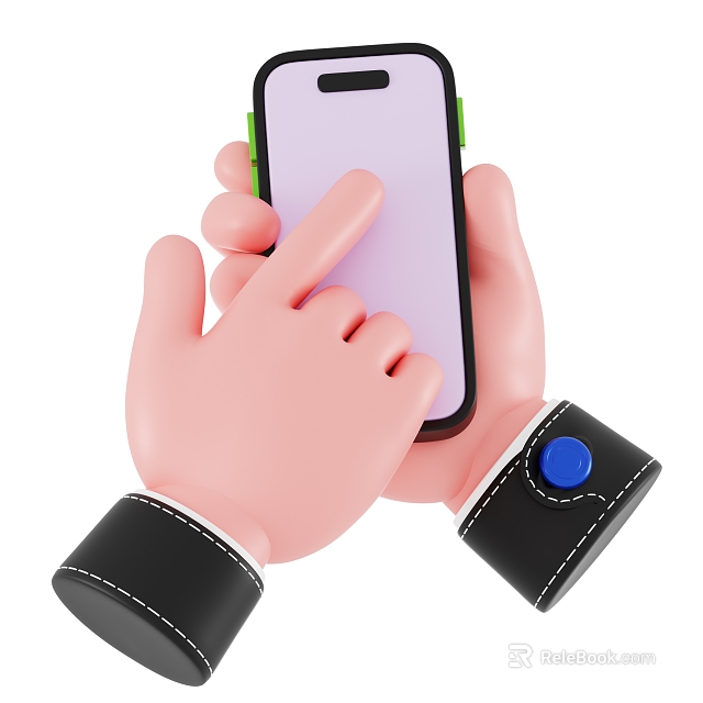 Decorative Accessory Combination Featuring Black Wristband With Blue Button On Hand Holding Phone 3d model 