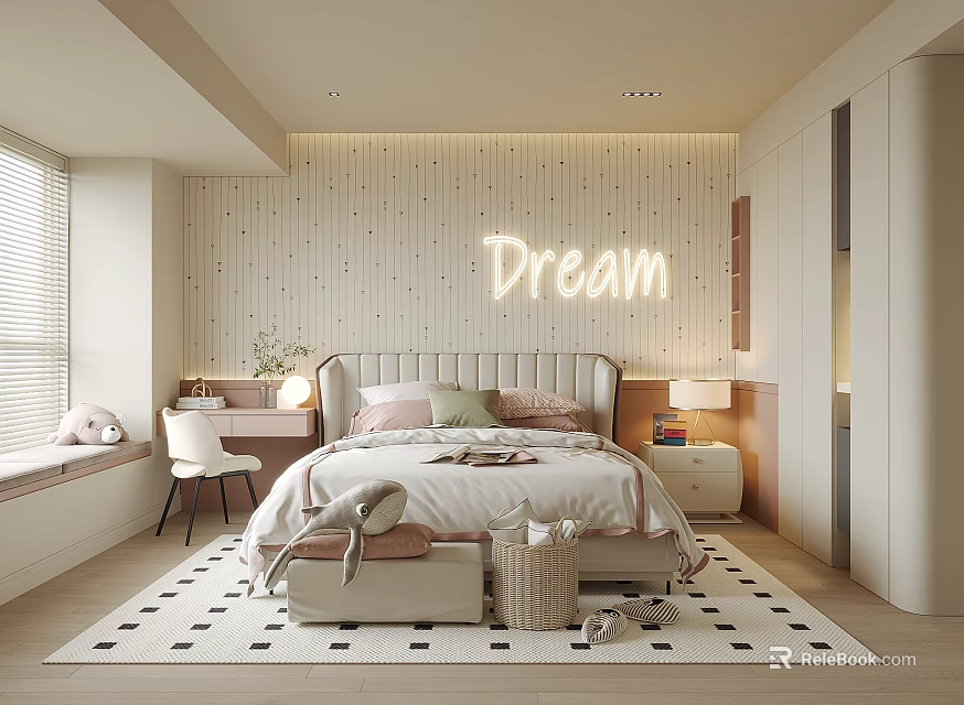 Kids Room Interior with Bed Desk Chair Window Rug Neon Sign 'Dream' on Wall Cabinet 3d model 