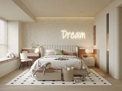 Kids Room Interior with Bed Desk Chair Window Rug Neon Sign 'Dream' on Wall Cabinet 3d model