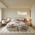 Kids Room Interior with Bed Desk Chair Window Rug Neon Sign 'Dream' on Wall Cabinet
