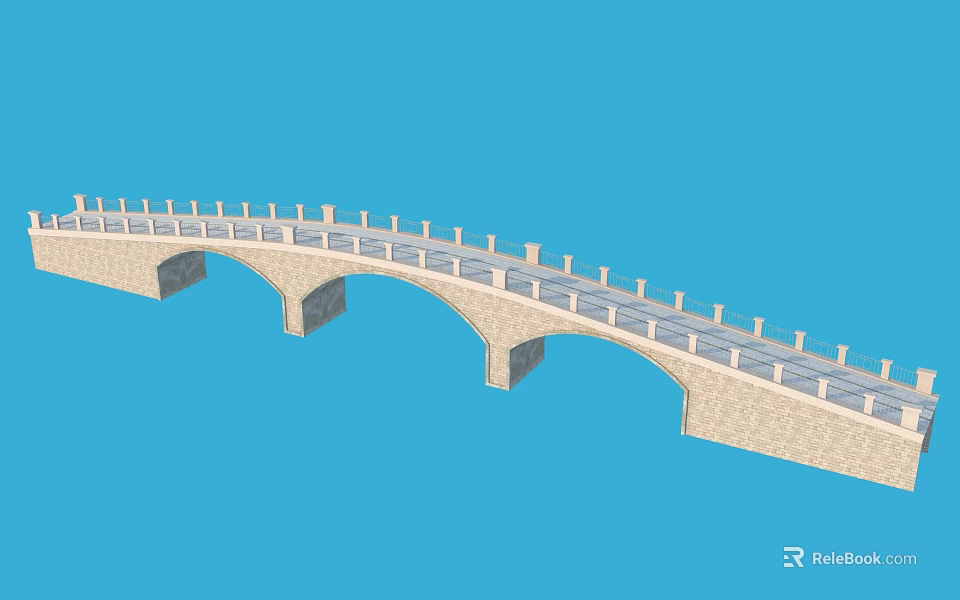 Classical Stone Arch Bridge With Multiple Arches And Decorative Railings On Blue Background 3d model 