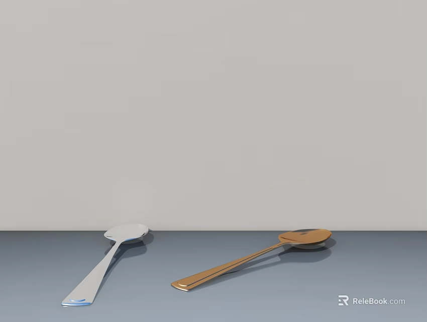 Modern Tableware Set With White And Gold Metal Spoons On Gray Surface 3d model 
