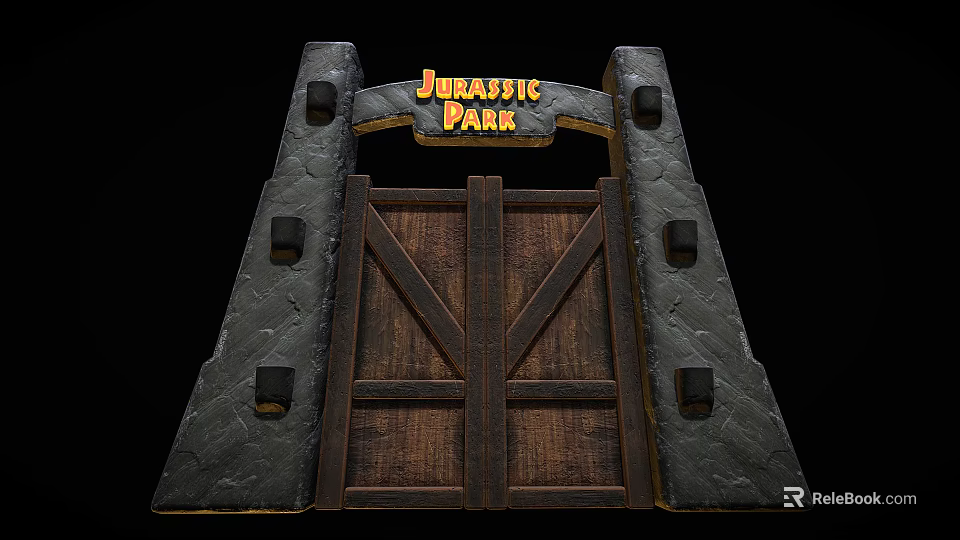 Iconic Jurassic Park Wooden Swing Door With Stone Frame And Archway Design 3d model 