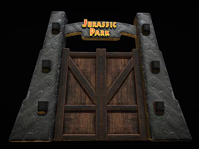 Iconic Jurassic Park Wooden Swing Door With Stone Frame And Archway Design 3d model