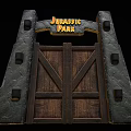Iconic Jurassic Park Wooden Swing Door With Stone Frame And Archway Design