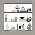 Modern Ornamental Decor Collection With Photo Frames Vases Sculptures Books On Glass Shelves