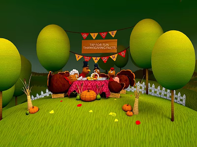 Thanksgiving Outdoor Table Setting With Turkey Cake Fruit Basket Green Grass And Happy Banner Flags 3d model