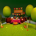 Thanksgiving Outdoor Table Setting With Turkey Cake Fruit Basket Green Grass And Happy Banner Flags