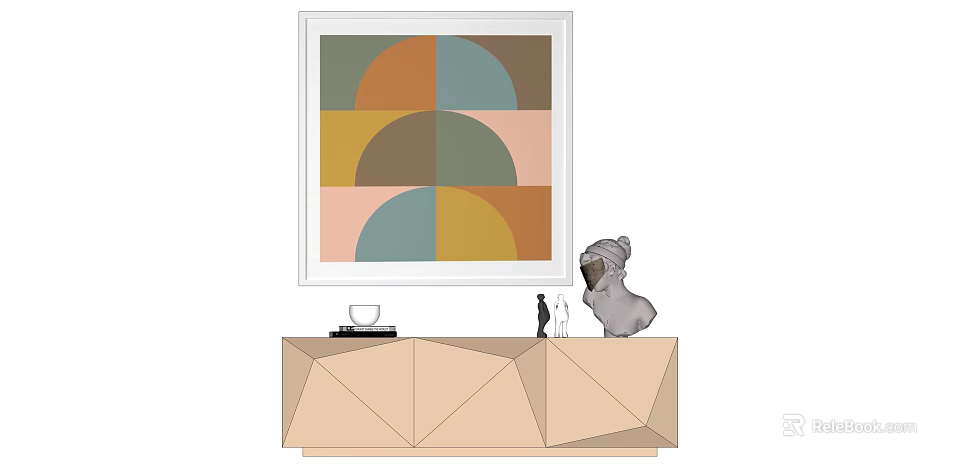 Geometric Abstract Painting With White Frame Above Decorative Cabinet With Figurines Books And Cup 3d model 