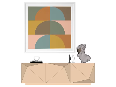 Geometric Abstract Painting With White Frame Above Decorative Cabinet With Figurines Books And Cup 3d model