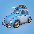 Blue And White Volkswagen Beetle With Roof Rack Luggage And Surfboard