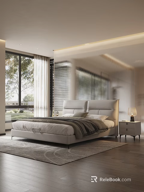 Modern Double Bed With Leather Headboard And Nightstand Lamp Near Large Window White Curtains 3d model 