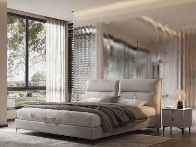 Modern Double Bed With Leather Headboard And Nightstand Lamp Near Large Window White Curtains 3d model