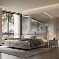 Modern Double Bed With Leather Headboard And Nightstand Lamp Near Large Window White Curtains