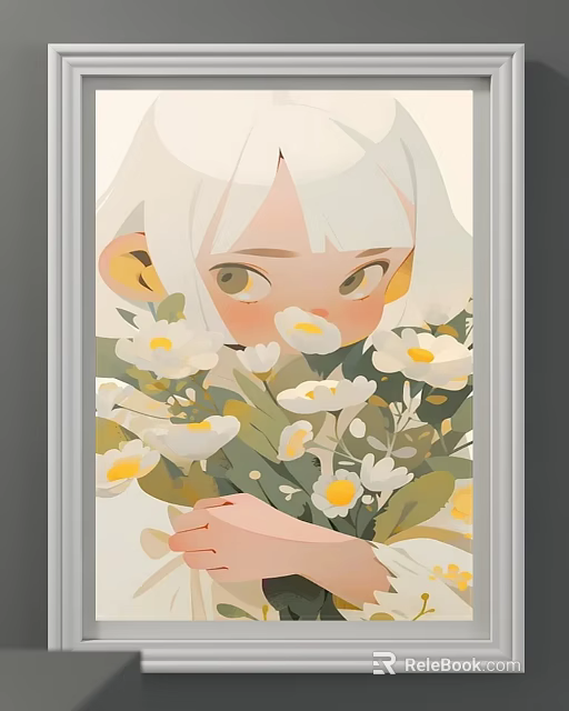 White Haired Girl Portrait Illustration With Large Eyes And White Flower Bouquet 3d model 
