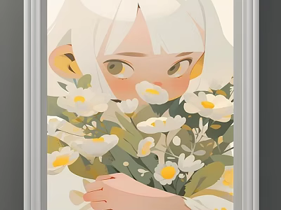 White Haired Girl Portrait Illustration With Large Eyes And White Flower Bouquet 3d model