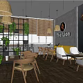 Restaurant Interior With Rattan Pendant Lights Green Plants And Cartoon Mural