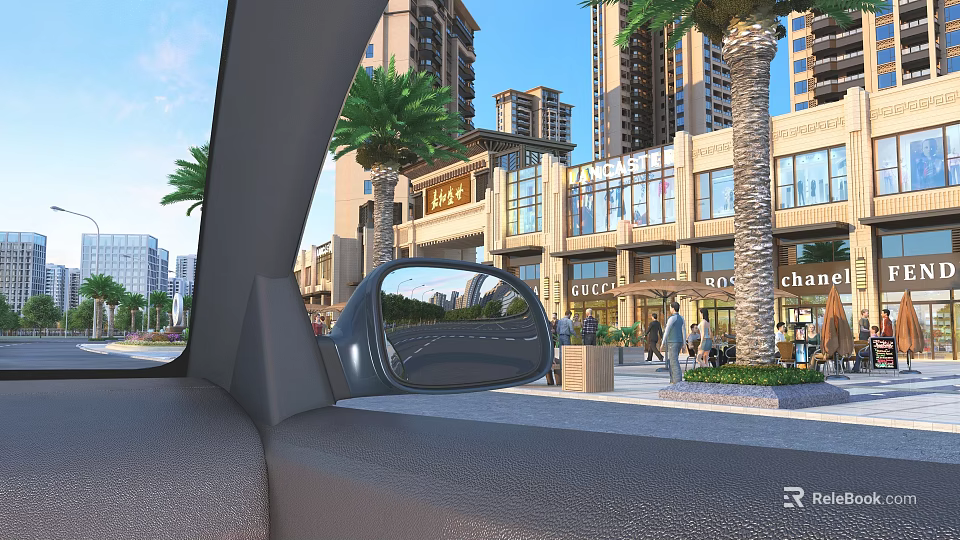 View From Car Interior Showing City Street With Tall Buildings Palm Trees And Pedestrians 3d model 