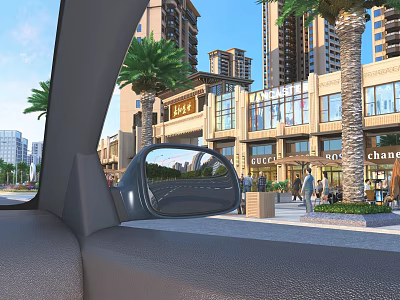 View From Car Interior Showing City Street With Tall Buildings Palm Trees And Pedestrians 3d model