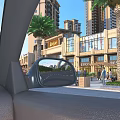 View From Car Interior Showing City Street With Tall Buildings Palm Trees And Pedestrians