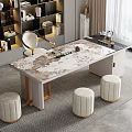 Modern Tea Table With Marble Tabletop Wooden Legs And Three Padded Stools 3d model