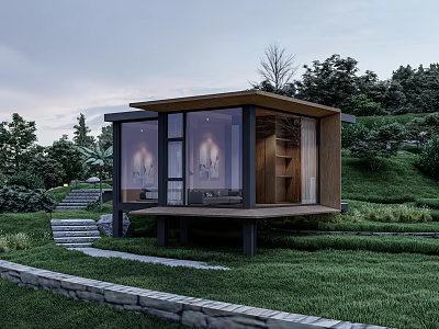 Modern Boutique Guesthouse With Glass Walls Wooden Structure And Elevated Platform In Lush Green Setting 3d model