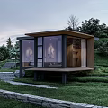 Modern Boutique Guesthouse With Glass Walls Wooden Structure And Elevated Platform In Lush Green Setting