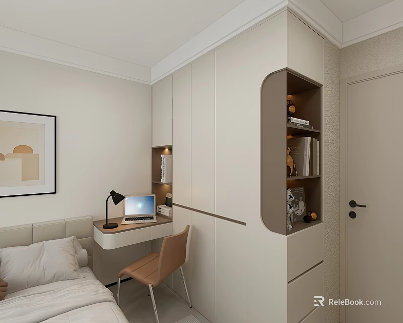 Modern Light Colored Wardrobe Design In Bedroom With Desk Chair And Decorative Painting 3d model 