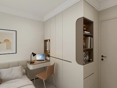Modern Light Colored Wardrobe Design In Bedroom With Desk Chair And Decorative Painting 3d model