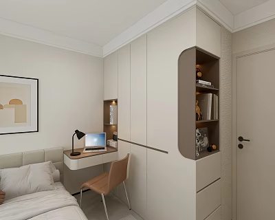 Modern Light Colored Wardrobe Design In Bedroom With Desk Chair And Decorative Painting 3d model