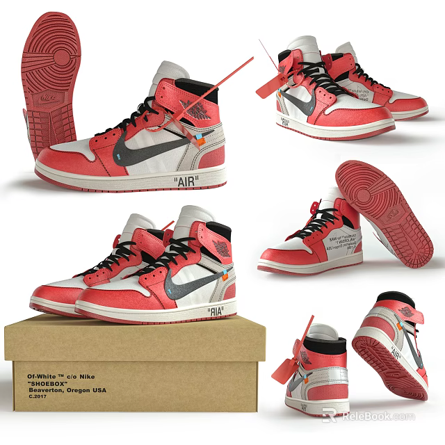 Red White Gray High Top Sneakers with Black Laces Air Logo and Sole Detail 3d model 