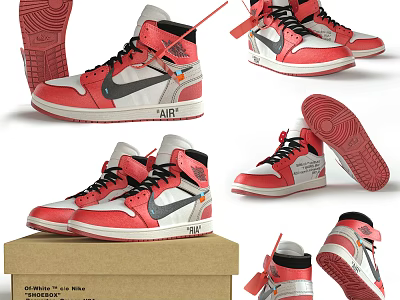 Red White Gray High Top Sneakers with Black Laces Air Logo and Sole Detail 3d model