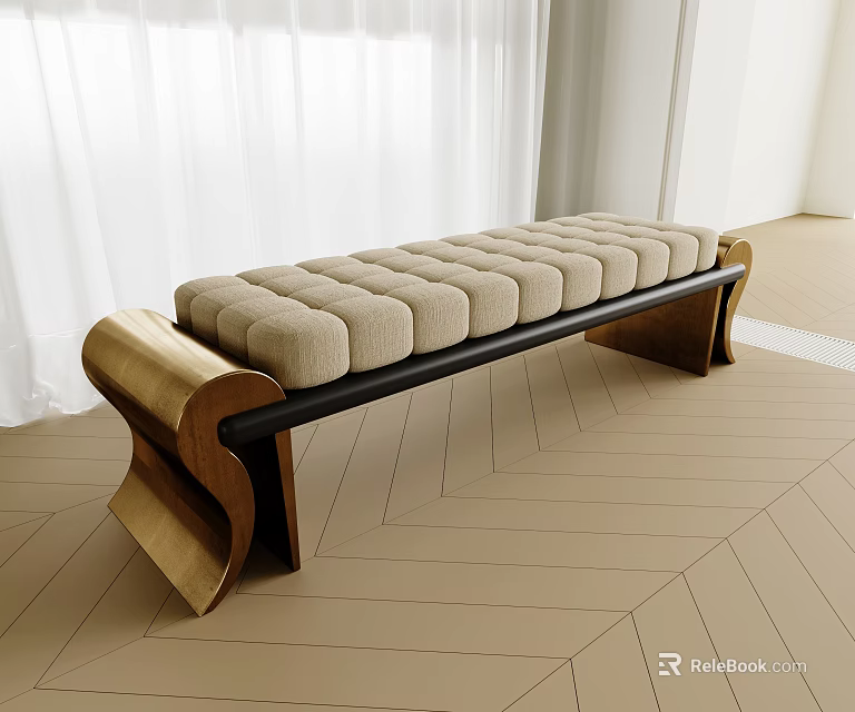 Modern Beige Upholstered Sofa Bench With Curved Wooden Frame And Tufted Seat 3d model 