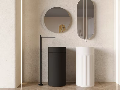 Stylish Modern Washbasin With Round Oval Mirrors Black White Trash Bins Light Wall Wooden Floor 3d model
