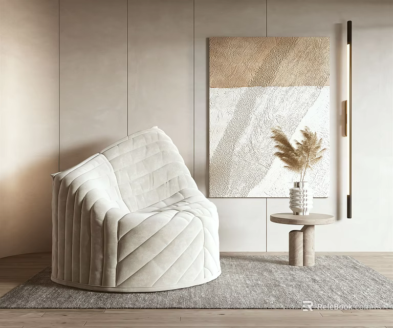 White Pleated Design Bean Bag Chair In Living Room With Decorative Painting And Gray Carpet 3d model 