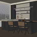 Modern Dark Wood Dining Table Set With Woven Back Chairs And Kitchen Cabinets 3d model