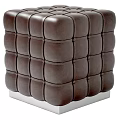 Brown Leather Ottoman with Square Stitched Design and Silver Metal Base