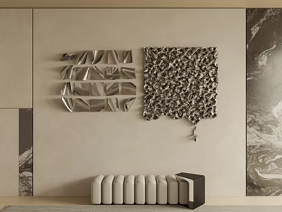 Modern Interior Wall Decor With Geometric Metal Panels And Textured Art Pieces 3d model